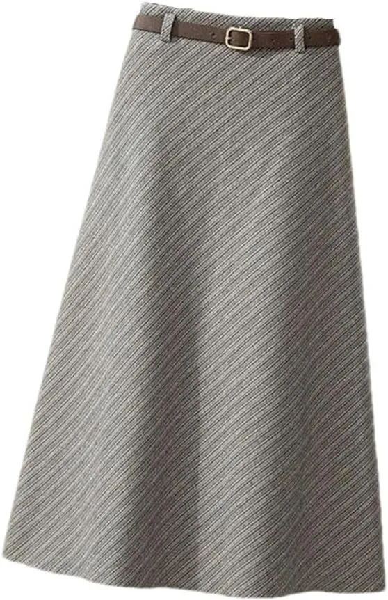 Autumn Winter Thickening Wool Belt Midi Skirts Vintage Zipper High Waist A -Line Pleated Elegant Skirts
