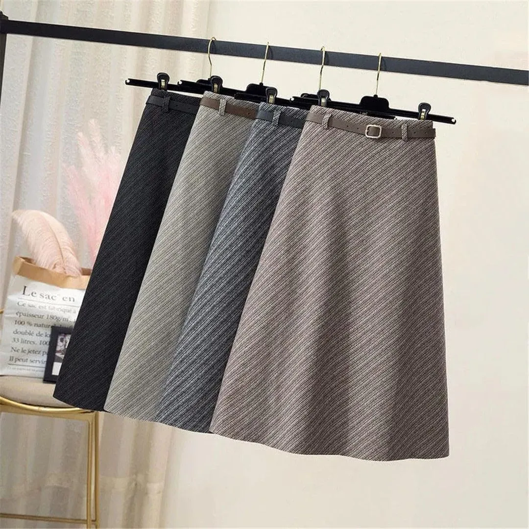 Autumn Winter Thickening Wool Belt Midi Skirts Vintage Zipper High Waist A -Line Pleated Elegant Skirts