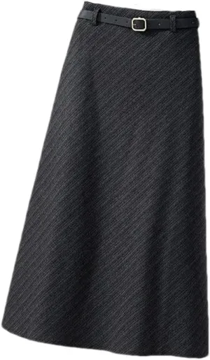 Autumn Winter Thickening Wool Belt Midi Skirts Vintage Zipper High Waist A -Line Pleated Elegant Skirts