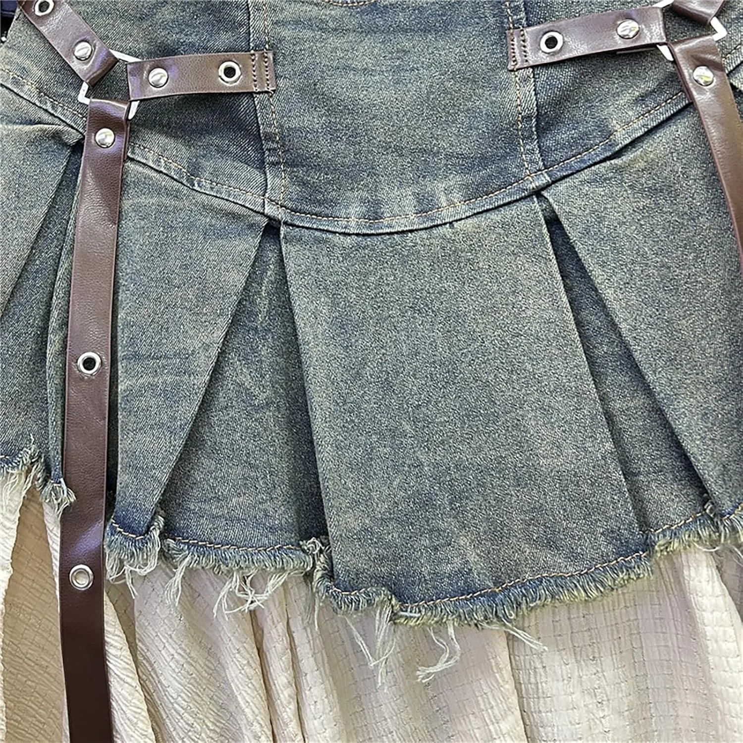 BAIMORE Women's Y2k High Waist Layer Patchwork Pleated Asymmetrical Hem A Line Denim Mini Skirt