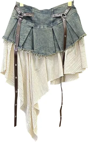 BAIMORE Women's Y2k High Waist Layer Patchwork Pleated Asymmetrical Hem A Line Denim Mini Skirt
