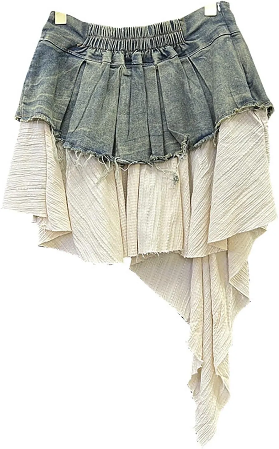 BAIMORE Women's Y2k High Waist Layer Patchwork Pleated Asymmetrical Hem A Line Denim Mini Skirt