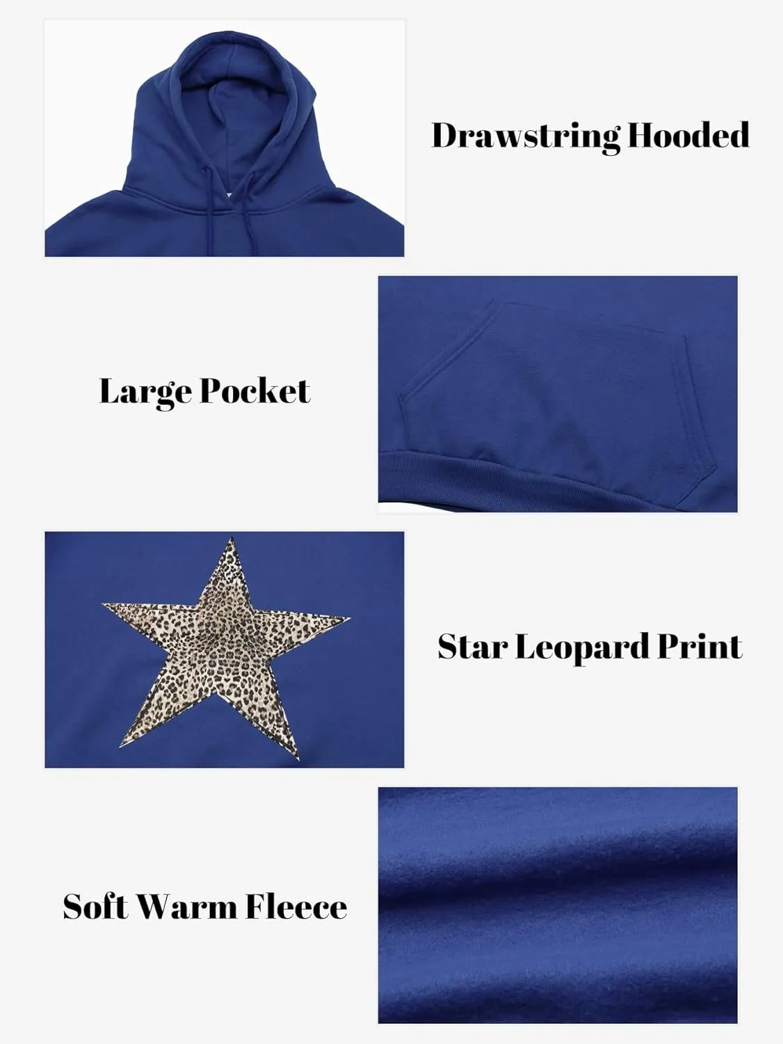 Baonmy Star Graphic Hoodies Y2k Leopard Print Oversized Fleece Hoodie Long Sleeve Pullover Sweatshirt for Women Streetwear