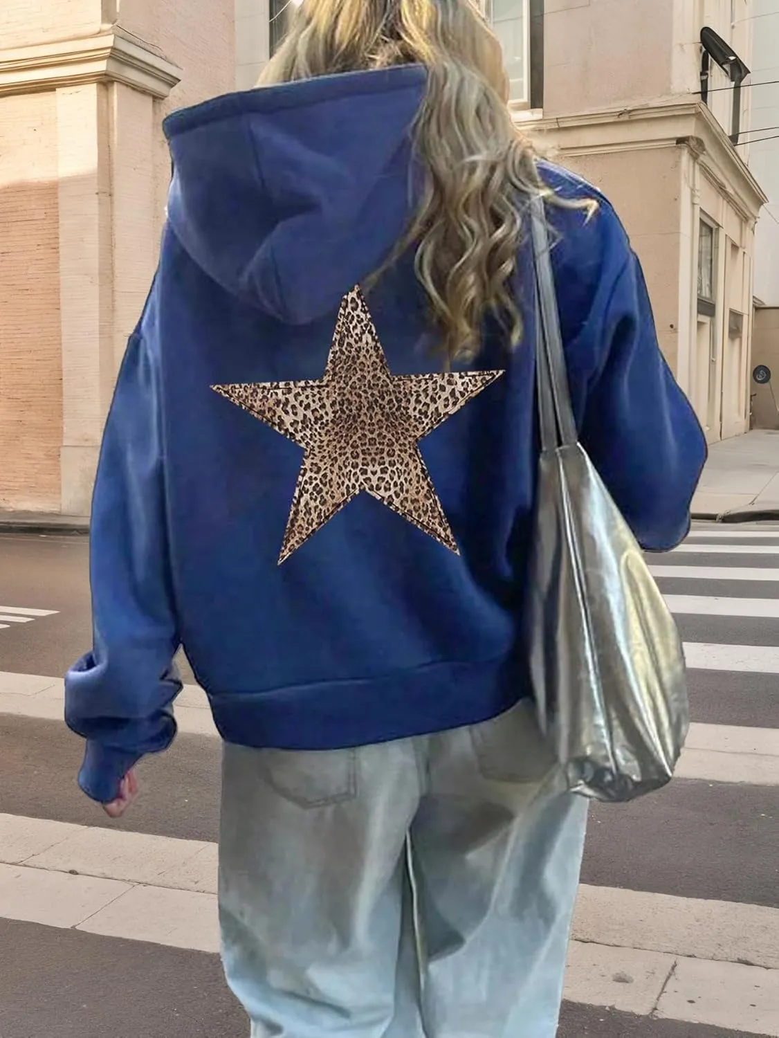 Baonmy Star Graphic Hoodies Y2k Leopard Print Oversized Fleece Hoodie Long Sleeve Pullover Sweatshirt for Women Streetwear