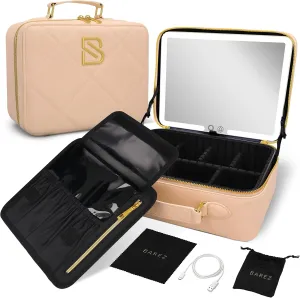 BAREZ Premium PU Leather Makeup Bag With LED Mirror - 3 Brightness Mirror Light Settings - Adjustable Dividers - Removable Mirror Waterproof Cosmetic Travel Bag (Nude)