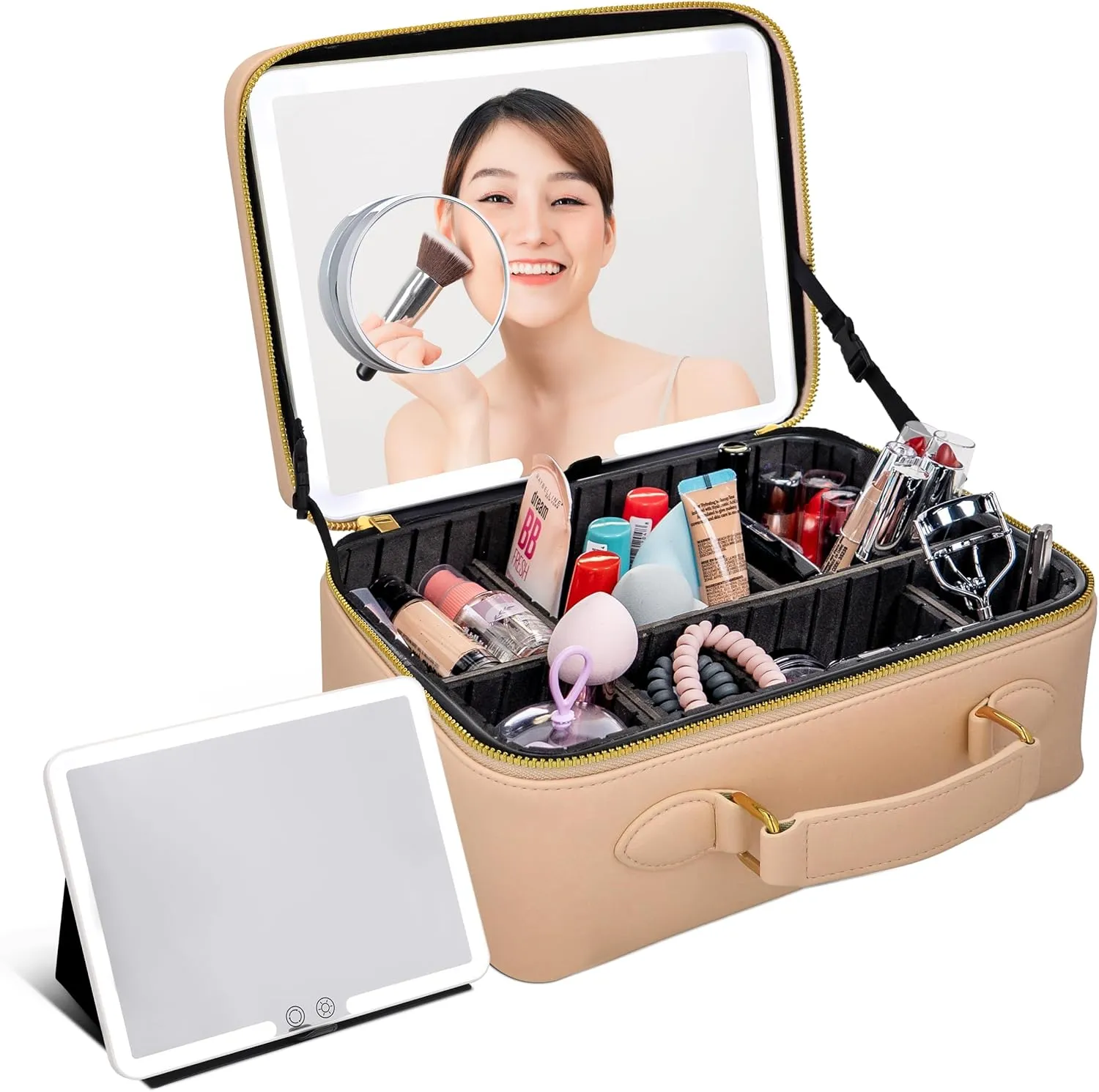 BAREZ Premium PU Leather Makeup Bag With LED Mirror - 3 Brightness Mirror Light Settings - Adjustable Dividers - Removable Mirror Waterproof Cosmetic Travel Bag (Nude)