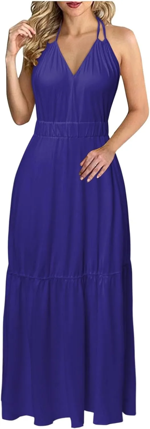 Beach Maxi Dresses For Women 2024 Vacation Spaghetti Strap Sleeveless Casual Summer Dress Print Blackless Sundress