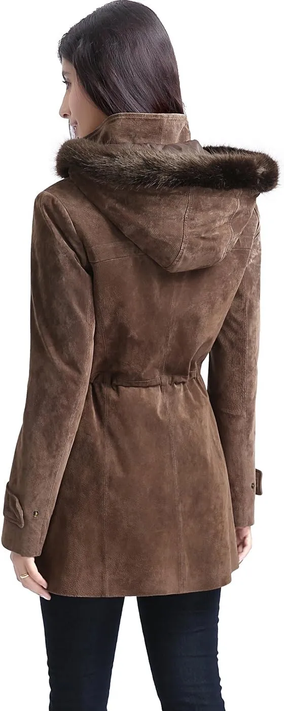 BGSD Women Chloe Suede Leather Hooded Parka Coat (Also available in Plus Size & Petite)