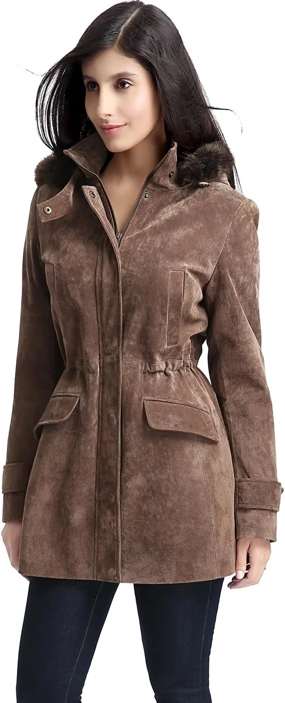 BGSD Women Chloe Suede Leather Hooded Parka Coat (Also available in Plus Size & Petite)