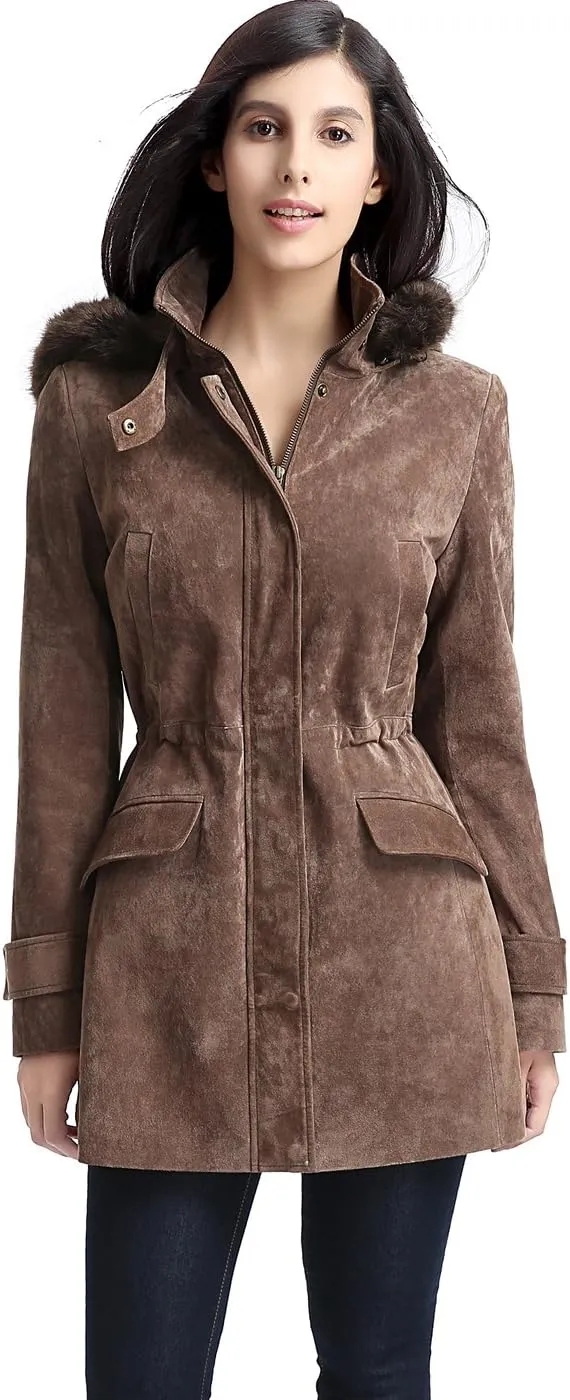 BGSD Women Chloe Suede Leather Hooded Parka Coat (Also available in Plus Size & Petite)