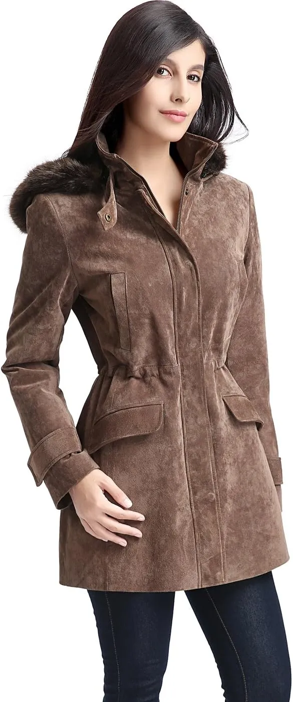 BGSD Women Chloe Suede Leather Hooded Parka Coat (Also available in Plus Size & Petite)