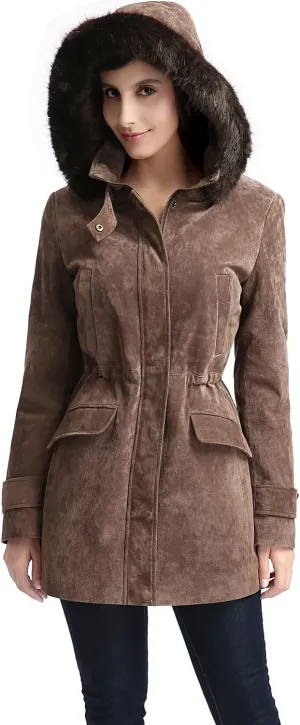 BGSD Women Chloe Suede Leather Hooded Parka Coat (Also available in Plus Size & Petite)