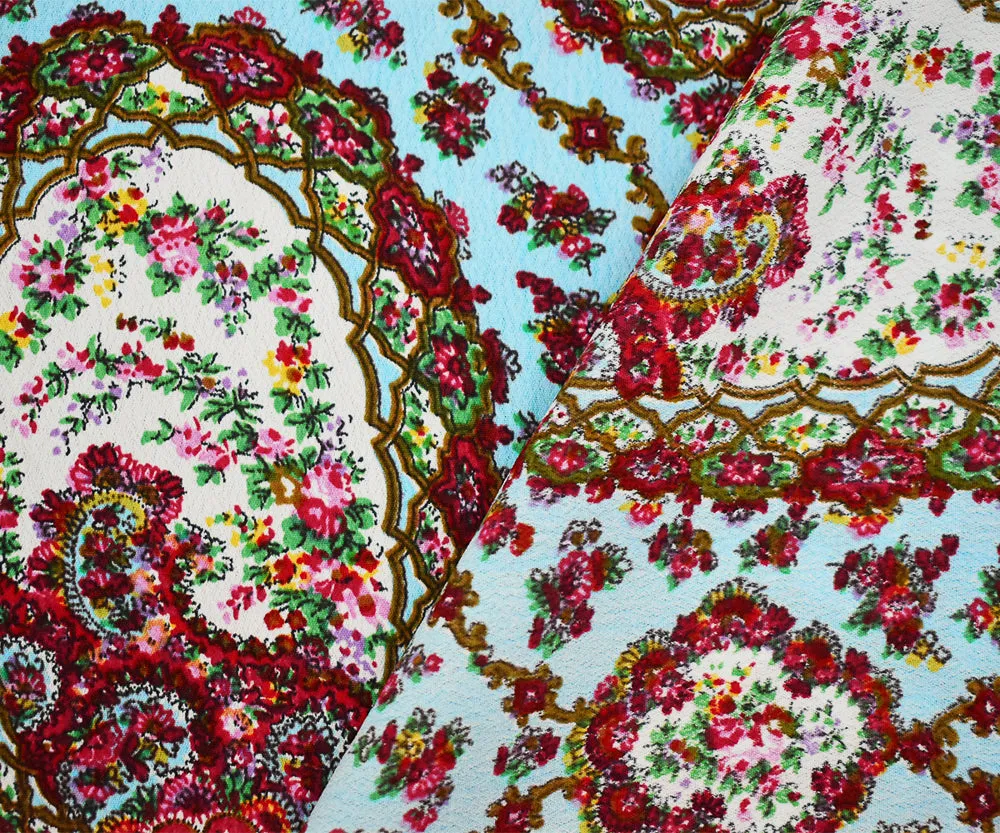 Blue-Red-Multi Floral Frame Trellis Printed Rayon Crepe Faille Fabric