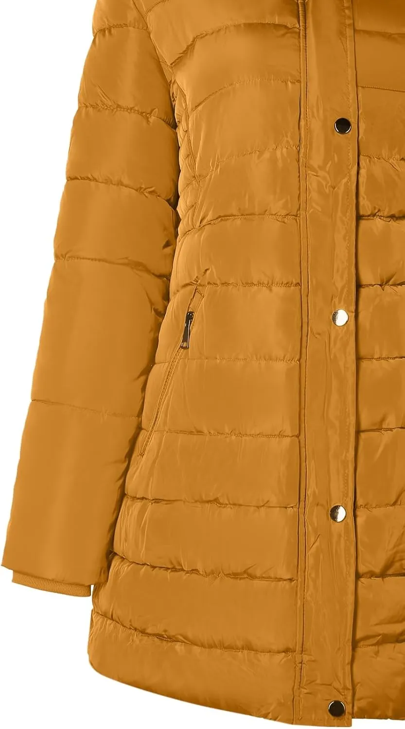 BodiLove Women's Winter Quilted Puffer Long Coat Jacket Plus Size with Removable Faux Fur Hood and Zipper