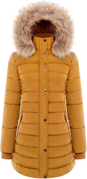 BodiLove Women's Winter Quilted Puffer Long Coat Jacket Plus Size with Removable Faux Fur Hood and Zipper