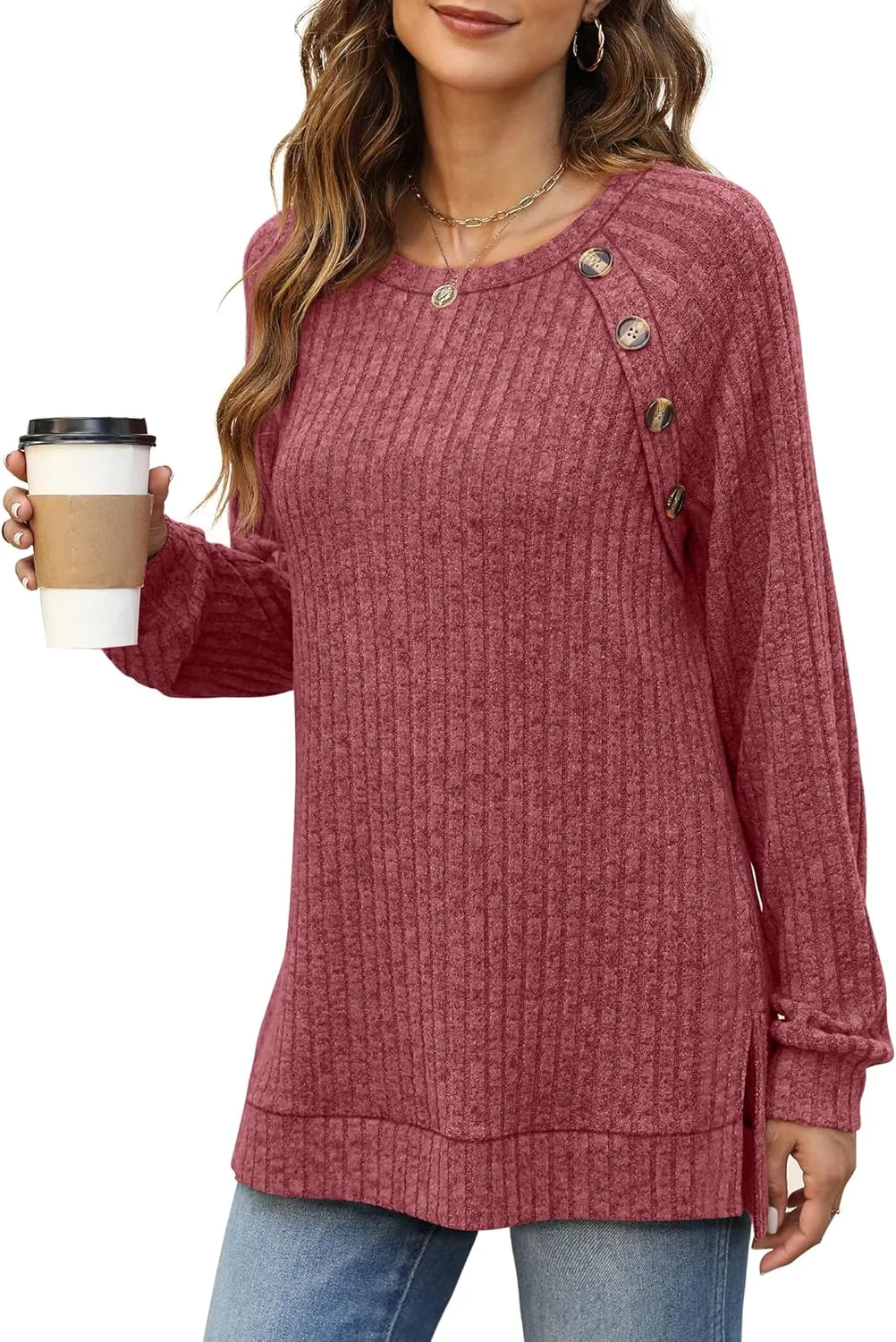 Bofell Long Sleeve Shirts for Women Lightweight Button Decor Tunic Tops Side Split