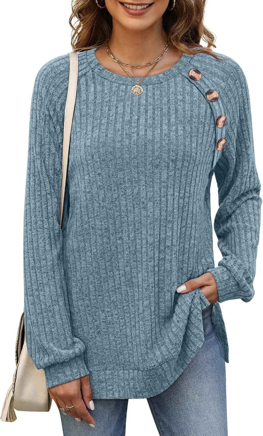Bofell Long Sleeve Shirts for Women Lightweight Button Decor Tunic Tops Side Split