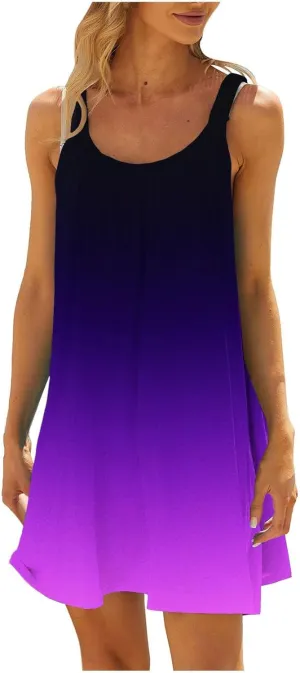 Boho Dresses for Women 2024 Printed Crewneck Sleeveless Sexy Mini Dress Beach Vacation Sundress Flowy Swing Cover Ups