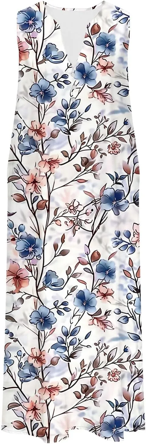 Boho Dresses for Women 2025 Bohemian Floral Print Sleeveless Crewneck Flowy Sun Dress Summer Beach Dress with Pockets