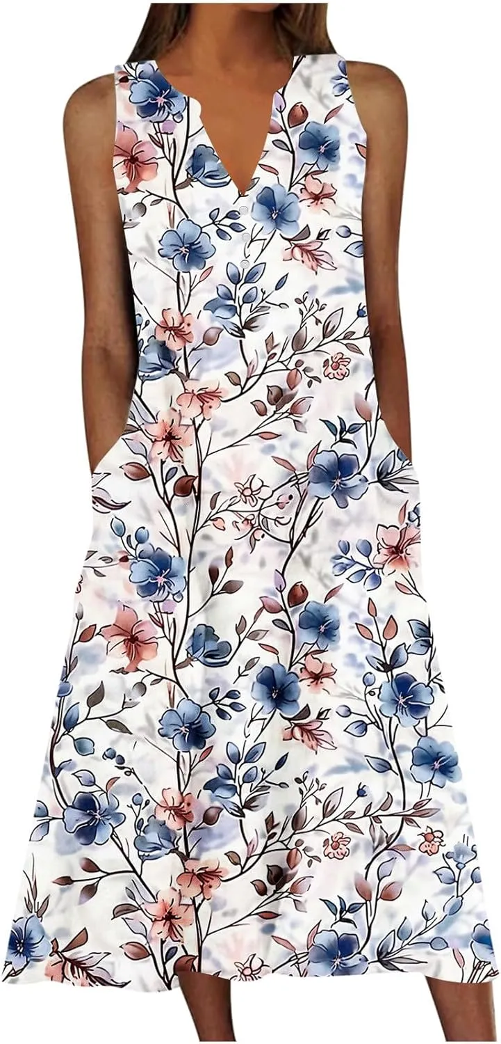 Boho Dresses for Women 2025 Bohemian Floral Print Sleeveless Crewneck Flowy Sun Dress Summer Beach Dress with Pockets