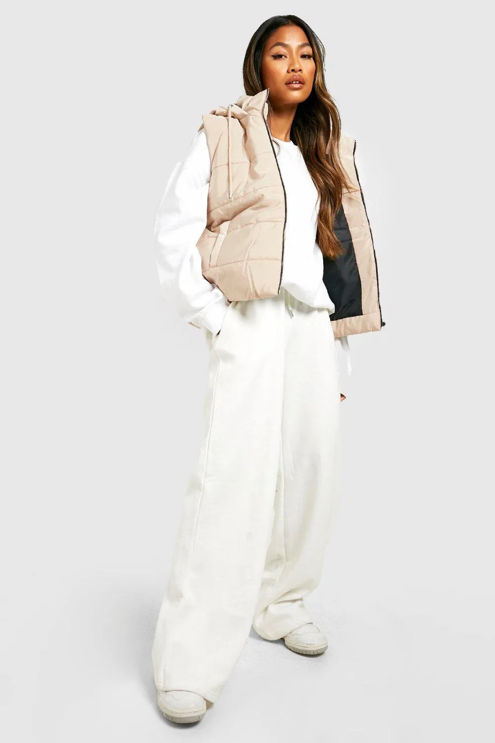 Boohoo Hooded Vest, Beige