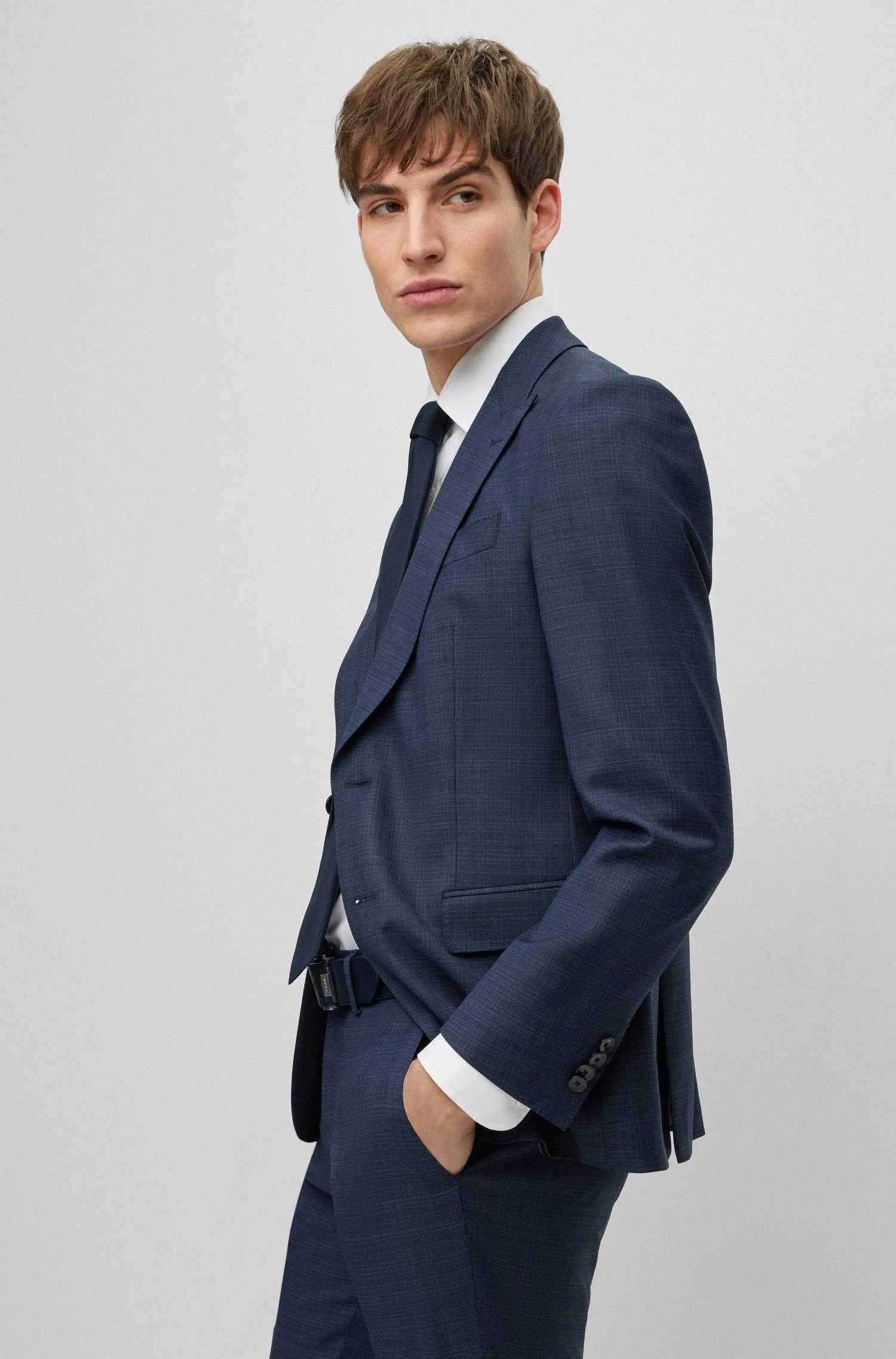 Boss Patterned Stretch Wool Slim-Fit Suit - Navy