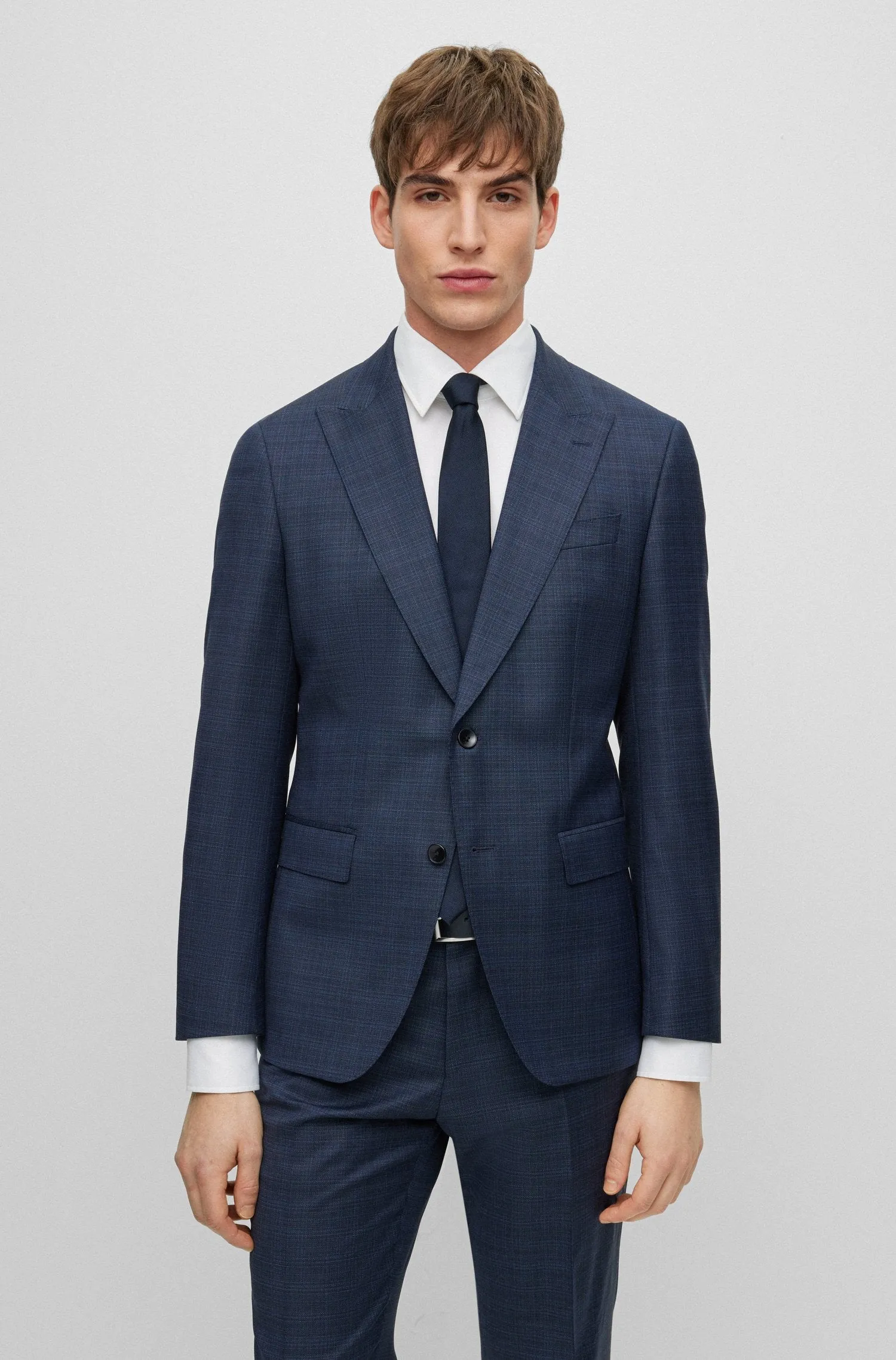 Boss Patterned Stretch Wool Slim-Fit Suit - Navy