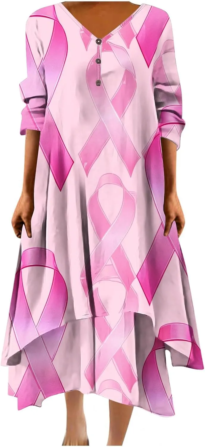 Breast Cancer Dress Women Funny Plus Size Casual Loose 3/4 Sleeve Button Down V Neck Midi Dress Elegant Swing Dress