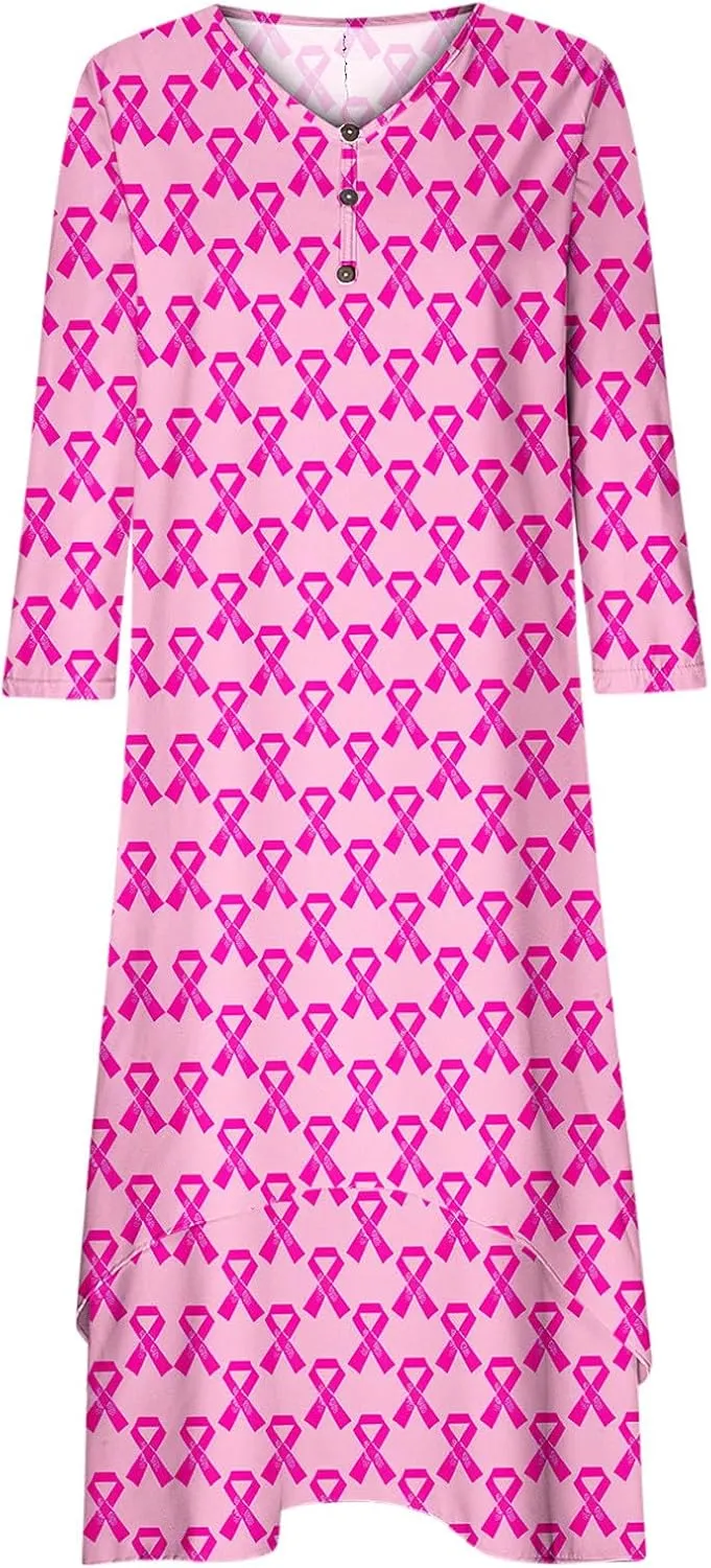 Breast Cancer Dress Women Funny Plus Size Casual Loose 3/4 Sleeve Button Down V Neck Midi Dress Elegant Swing Dress