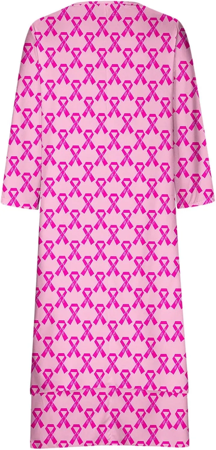 Breast Cancer Dress Women Funny Plus Size Casual Loose 3/4 Sleeve Button Down V Neck Midi Dress Elegant Swing Dress