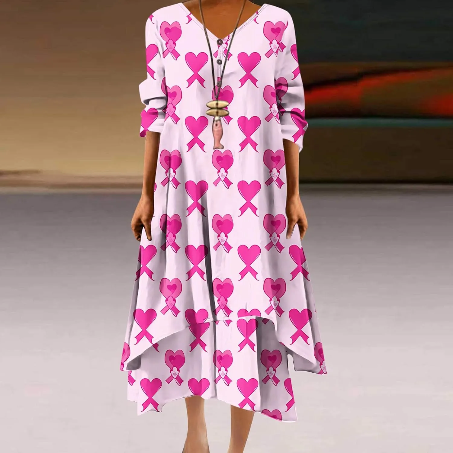 Breast Cancer Dress Women Funny Plus Size Casual Loose 3/4 Sleeve Button Down V Neck Midi Dress Elegant Swing Dress