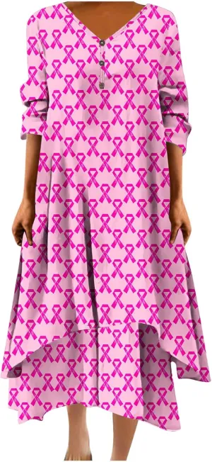 Breast Cancer Dress Women Funny Plus Size Casual Loose 3/4 Sleeve Button Down V Neck Midi Dress Elegant Swing Dress