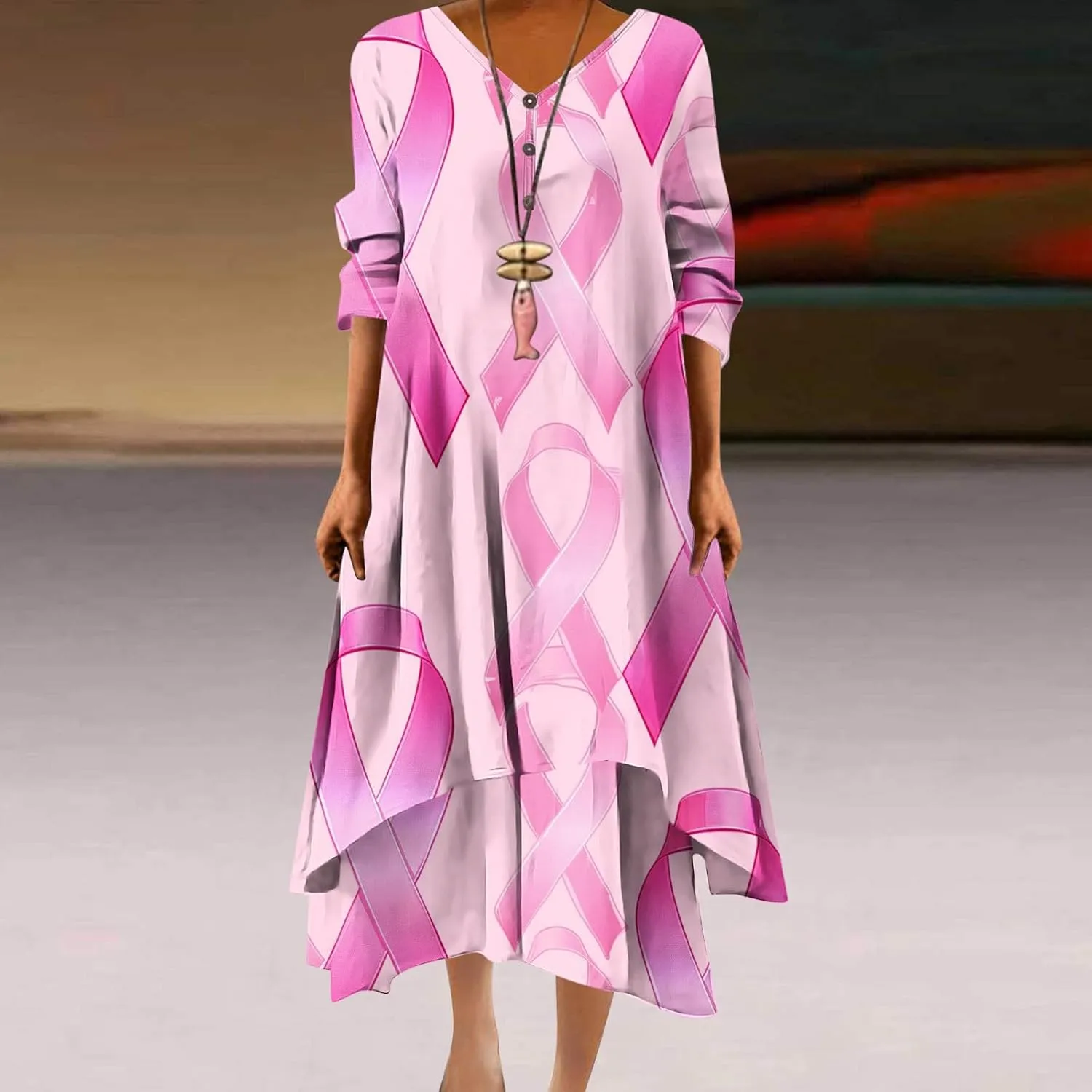 Breast Cancer Dress Women Funny Plus Size Casual Loose 3/4 Sleeve Button Down V Neck Midi Dress Elegant Swing Dress