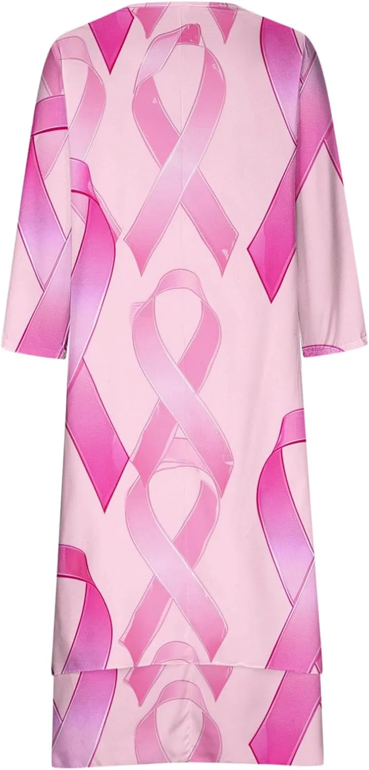 Breast Cancer Dress Women Funny Plus Size Casual Loose 3/4 Sleeve Button Down V Neck Midi Dress Elegant Swing Dress
