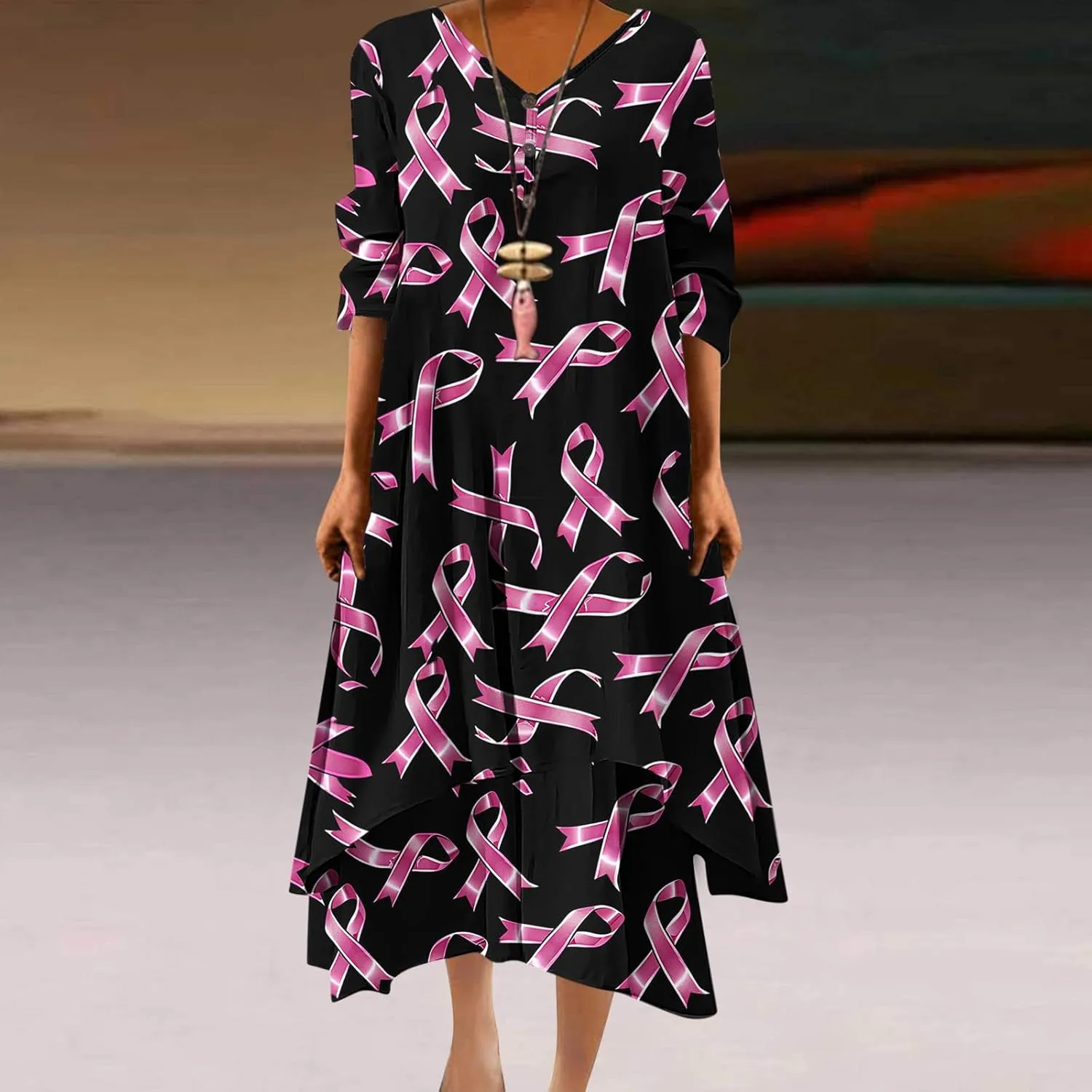 Breast Cancer Dress Women Funny Plus Size Casual Loose 3/4 Sleeve Button Down V Neck Midi Dress Elegant Swing Dress
