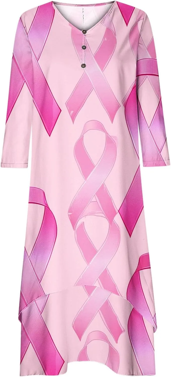 Breast Cancer Dress Women Funny Plus Size Casual Loose 3/4 Sleeve Button Down V Neck Midi Dress Elegant Swing Dress