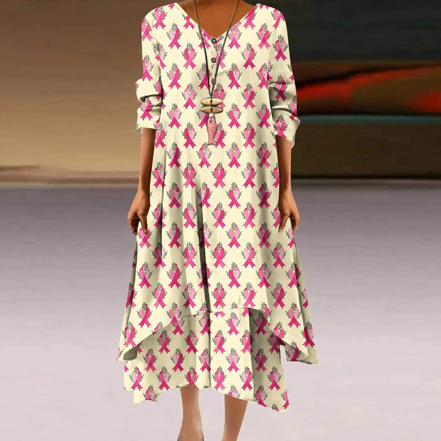 Breast Cancer Dress Women Funny Plus Size Casual Loose 3/4 Sleeve Button Down V Neck Midi Dress Elegant Swing Dress