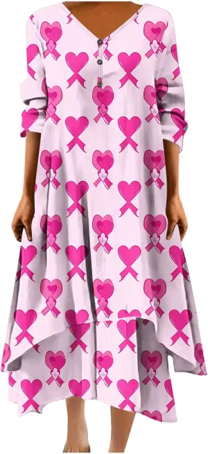 Breast Cancer Dress Women Funny Plus Size Casual Loose 3/4 Sleeve Button Down V Neck Midi Dress Elegant Swing Dress