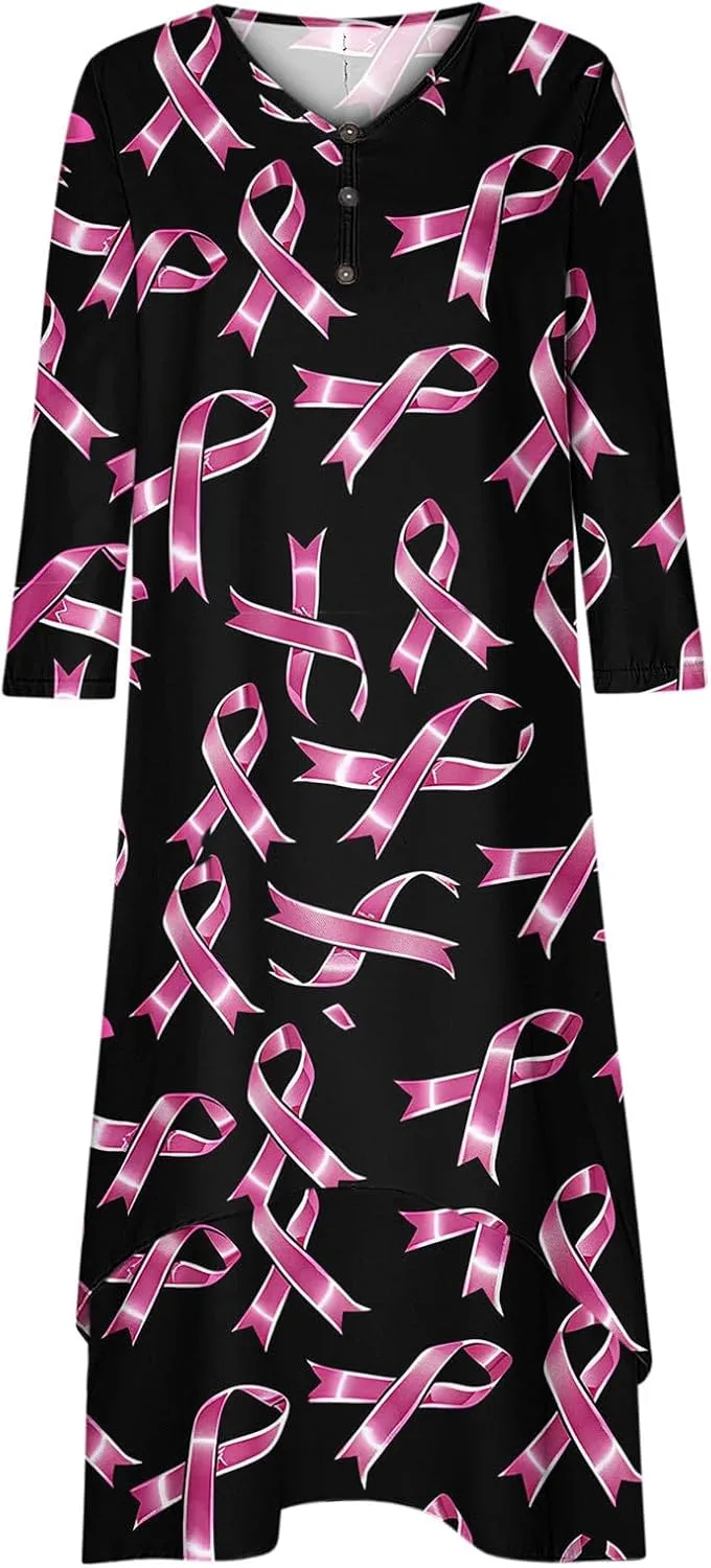 Breast Cancer Dress Women Funny Plus Size Casual Loose 3/4 Sleeve Button Down V Neck Midi Dress Elegant Swing Dress