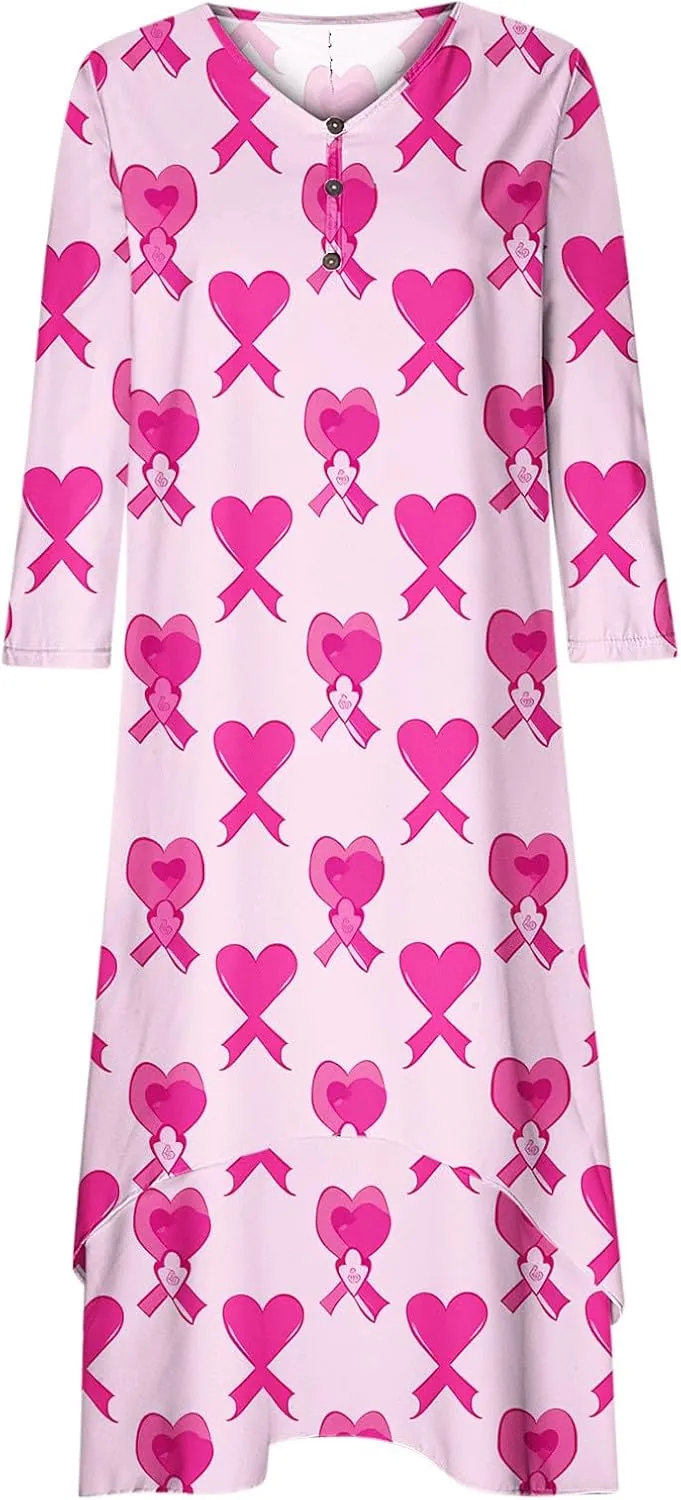 Breast Cancer Dress Women Funny Plus Size Casual Loose 3/4 Sleeve Button Down V Neck Midi Dress Elegant Swing Dress