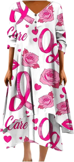 Breast Cancer Dress Women Funny Plus Size Casual Loose 3/4 Sleeve Button Down V Neck Midi Dress Elegant Swing Dress