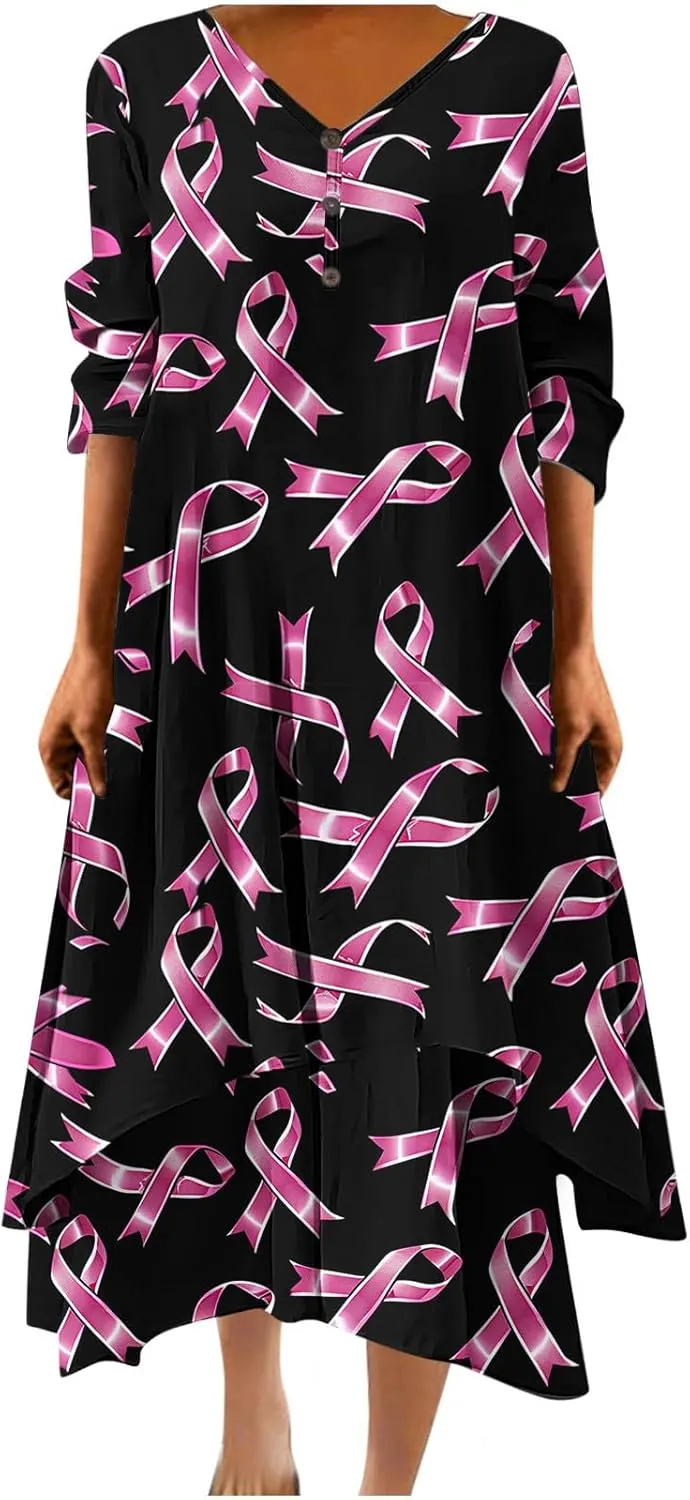 Breast Cancer Dress Women Funny Plus Size Casual Loose 3/4 Sleeve Button Down V Neck Midi Dress Elegant Swing Dress