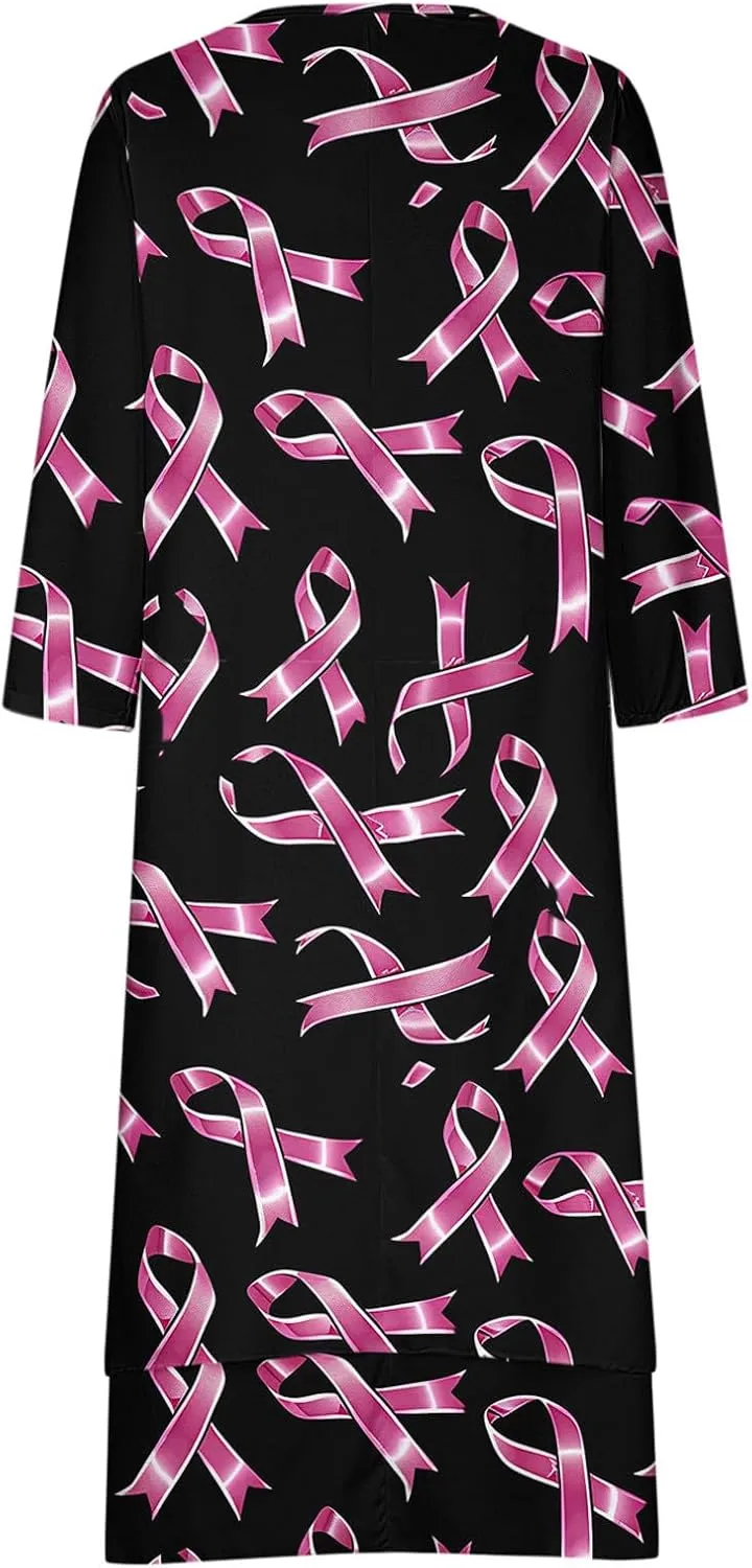 Breast Cancer Dress Women Funny Plus Size Casual Loose 3/4 Sleeve Button Down V Neck Midi Dress Elegant Swing Dress