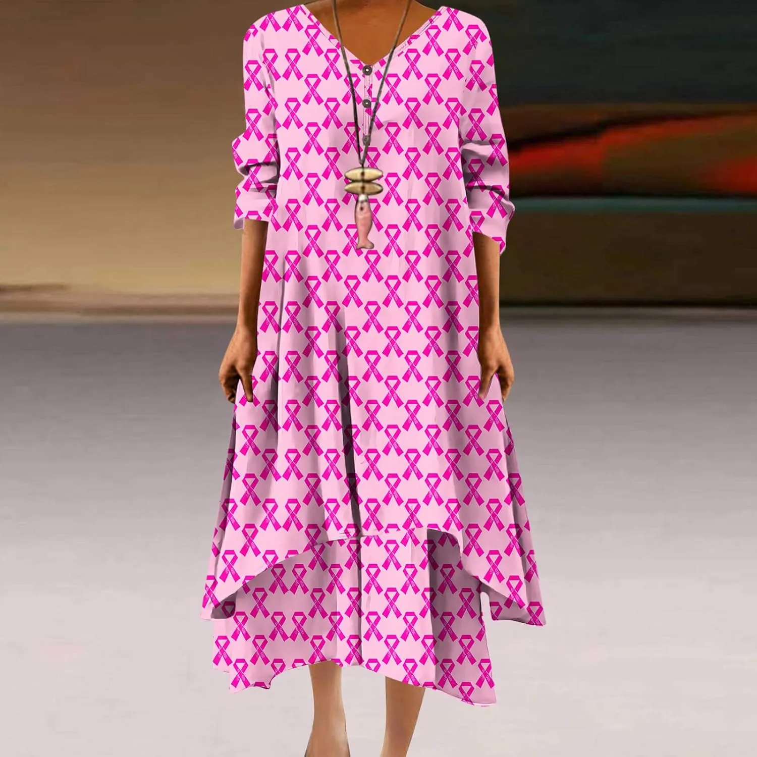 Breast Cancer Dress Women Funny Plus Size Casual Loose 3/4 Sleeve Button Down V Neck Midi Dress Elegant Swing Dress