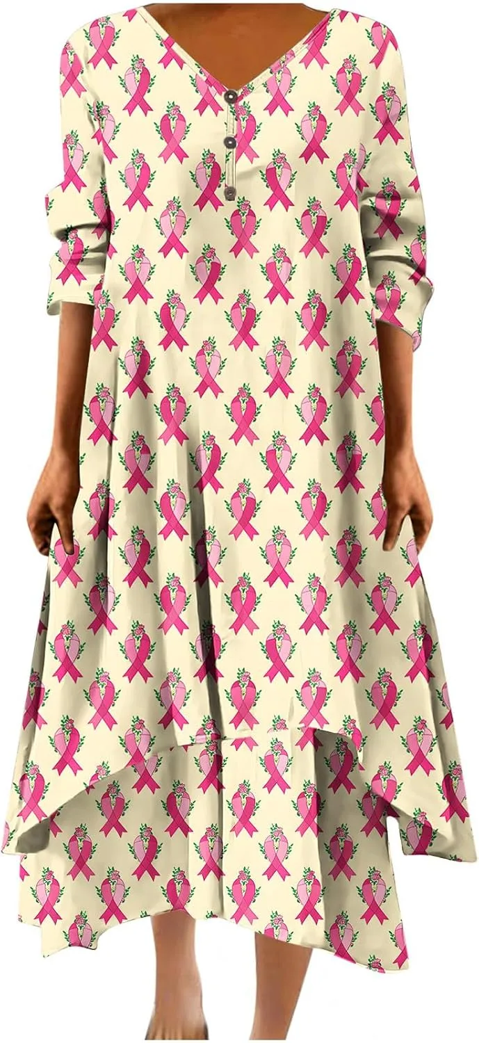 Breast Cancer Dress Women Funny Plus Size Casual Loose 3/4 Sleeve Button Down V Neck Midi Dress Elegant Swing Dress