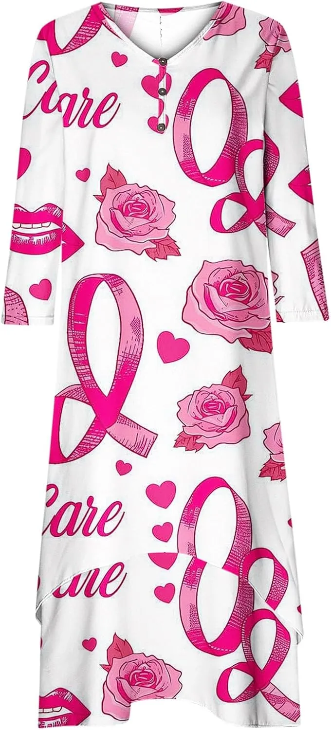 Breast Cancer Dress Women Funny Plus Size Casual Loose 3/4 Sleeve Button Down V Neck Midi Dress Elegant Swing Dress