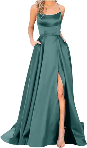 Bridesmaid Dresses for Women Satin Spaghetti Strap Backless Maxi Dress Sexy Elegant Side Split Corset Aline Gown Dress
