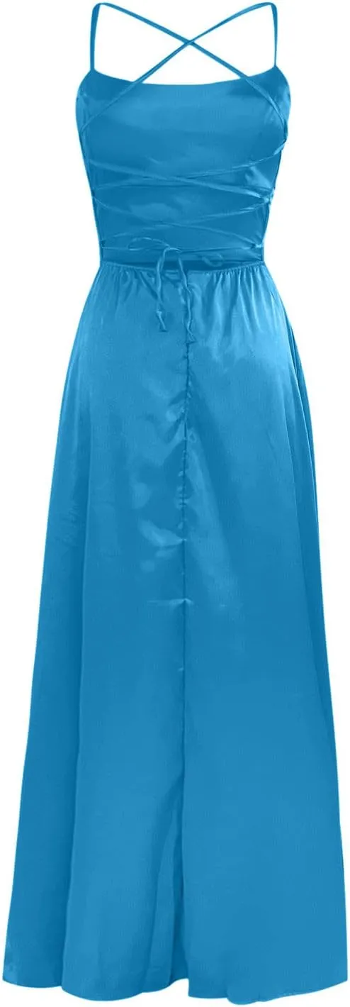 Bridesmaid Dresses for Women Satin Spaghetti Strap Backless Maxi Dress Sexy Elegant Side Split Corset Aline Gown Dress