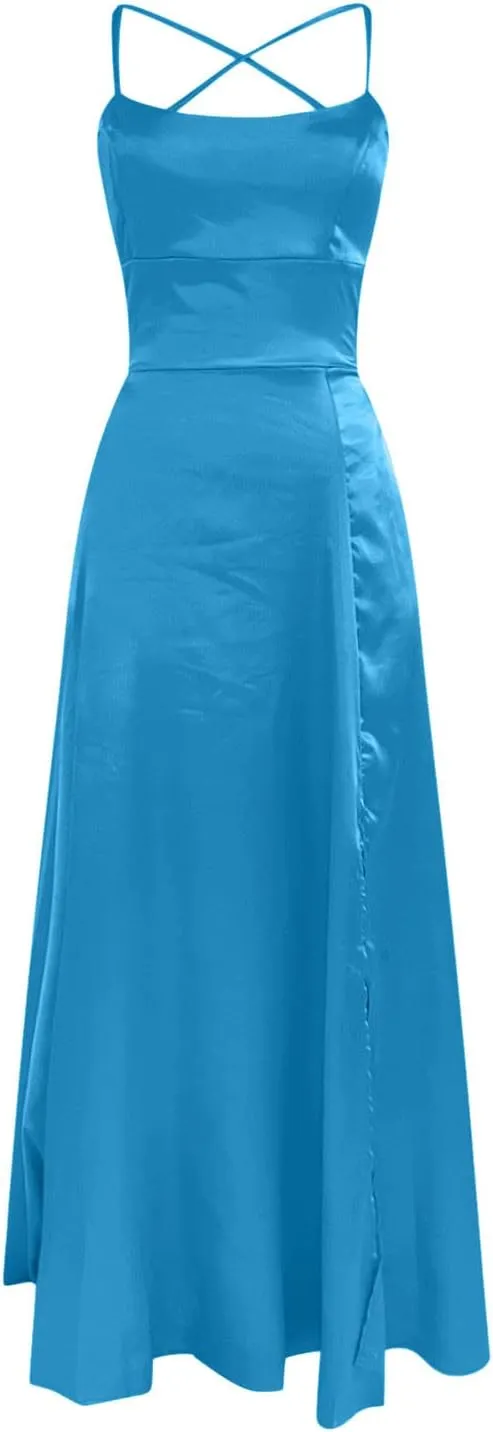 Bridesmaid Dresses for Women Satin Spaghetti Strap Backless Maxi Dress Sexy Elegant Side Split Corset Aline Gown Dress