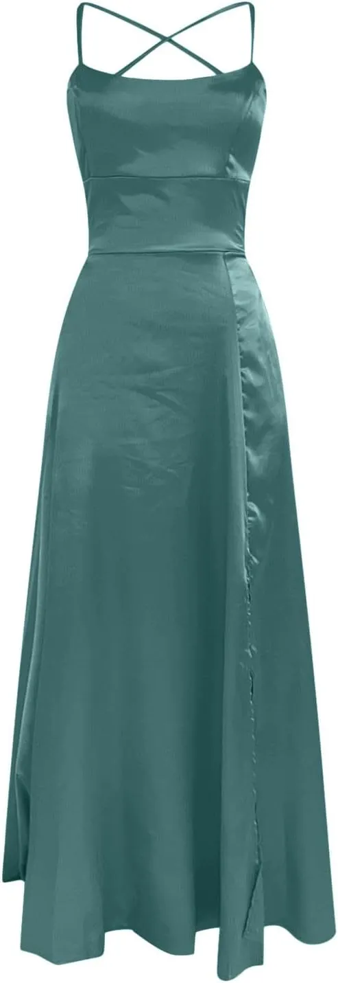 Bridesmaid Dresses for Women Satin Spaghetti Strap Backless Maxi Dress Sexy Elegant Side Split Corset Aline Gown Dress